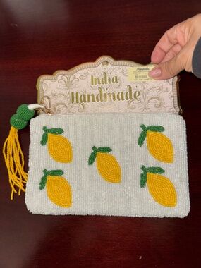 Handmade Beaded Lemon Pouch - White & Yellow